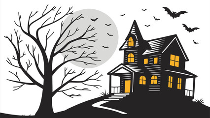 Haunted house vector illustration with full moon, flying bats, and spooky tree for Halloween night design