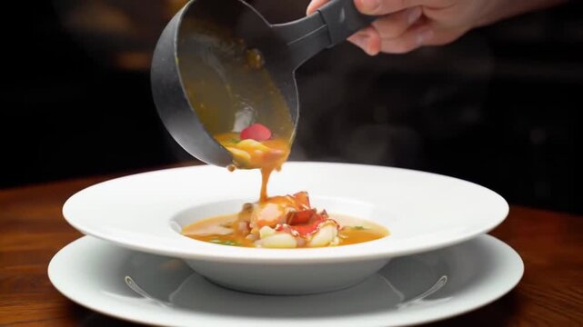 Chef Ladling Steaming Lobster Bisque into a White Soup Bowl