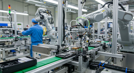 Robotic arms assembling electronic components on a conveyor belt in a modern factory setting seen closely