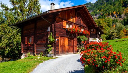 A charming alpine chalet, nestled amidst autumn foliage, showcases rustic wooden architecture and vibrant red flowers.