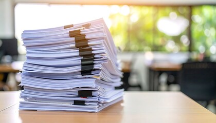 A sizable stack of documents rests on a light-colored wooden table, against a blurred backdrop of an office space.