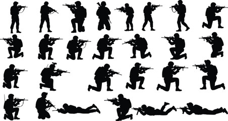 Cad drawing flat vector illustration, soldier silhouettes, tactical poses, combat stances, rifle positions, military icons, black silhouette set
