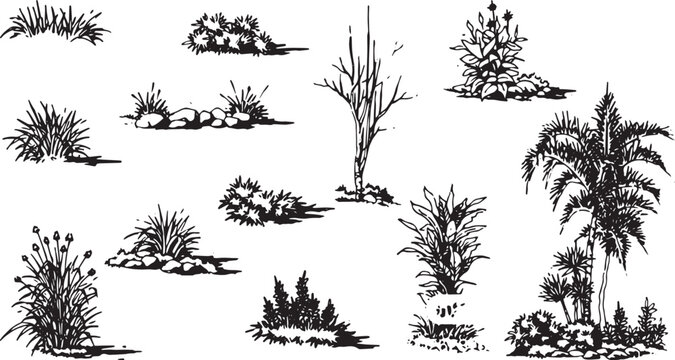 Garden Elements: A collection of meticulously crafted line art sketches, featuring diverse elements like shrubs, plants, and trees perfect for landscape design.