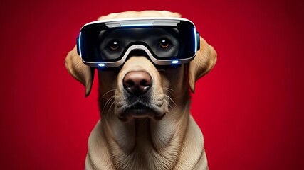 A humorous video of labrador dogs wearing futuristic VR headsets on vivid red backdrop, expressing
