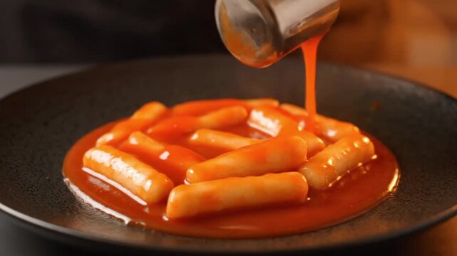 Pouring Spicy Red Sauce over Delicious Korean Tteokbokki Rice Cakes