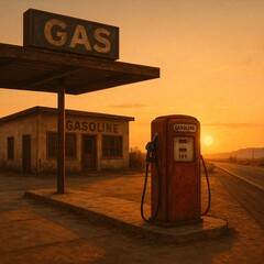 Abandoned Retro Gas Station with Vintage Pump at Desert Sunset