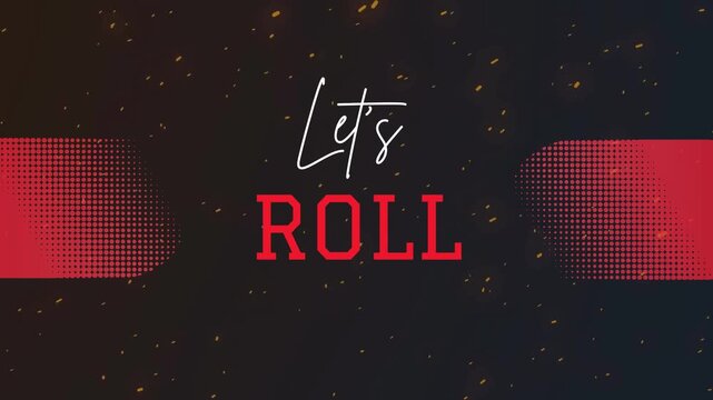 Dynamic "Let's ROLL" Text Design with Red Halftone Accents and Gold Particles on Dark Background