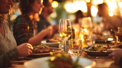 People dining together outdoors at a long table with food and drinks.