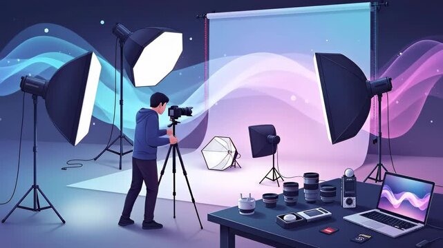 Behind the scenes: professional photographer in action during a studio photoshoot, modern
