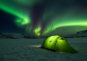 A Luminous Green Tent Glows in Harmony with the Swirling Aurora Borealis.