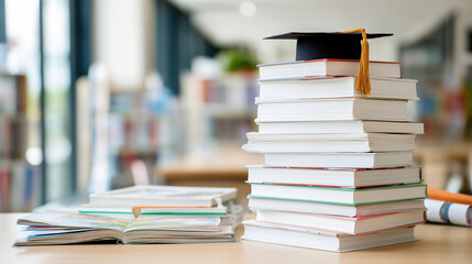 Graduation cap placed atop stacked books in a library setting during daytime