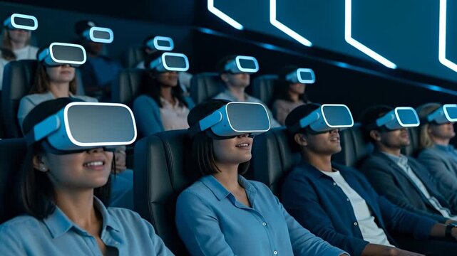 Diverse Audience Immersed in Virtual Reality Experience at the Futuristic Auditorium Experience