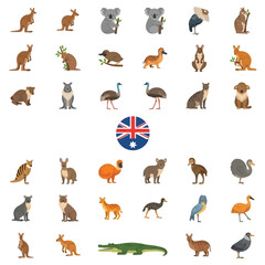 Obraz premium Collection of Australian animals including kangaroos, koalas, emus, platypuses, and other native wildlife, arranged around the Australian flag.