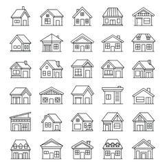 A collection of twenty-seven different house outline illustrations arranged in a grid pattern, showcasing various architectural styles.