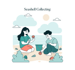Children Collecting Seashells on the Beach Vector Illustration