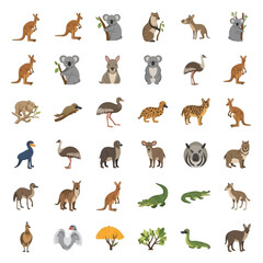Fototapeta premium A collection of Australian animals, including kangaroos, koalas, emus, dingoes, wombats, and crocodiles, arranged in a grid.