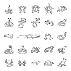 A collection of outlined illustrations featuring various reptiles and amphibians, including snakes, frogs, turtles, lizards, and crocodiles.