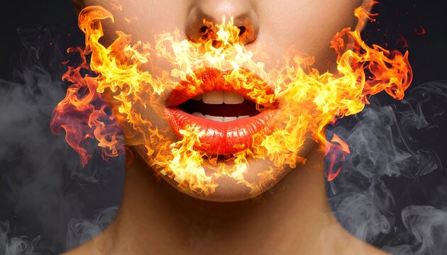 A captivating close-up portrait of a woman's face, where vibrant flames engulf her mouth and the surrounding area, creating a dramatic and passionate visual effect.