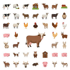 Fototapeta premium A collection of various farm animals and a small wooden house, all illustrated in a flat, cartoon style.