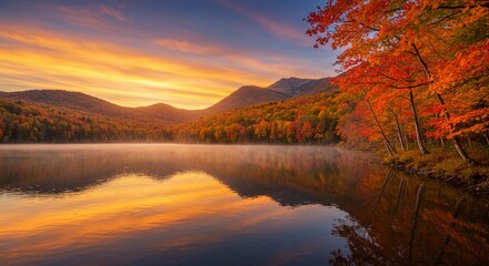 Autumnal Reflection Lake Serenity at Sunset in New England Forests