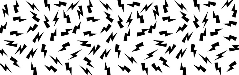 Black thunder bolts on white bg as a seamless pattern. Zig zag of lightning abstract simple irregular background. Vector hipster illustration By Kusandra.