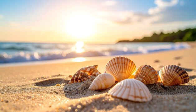 Sun-Kissed Seashells: A serene coastal scene at sunset with seashells scattered on the sandy beach