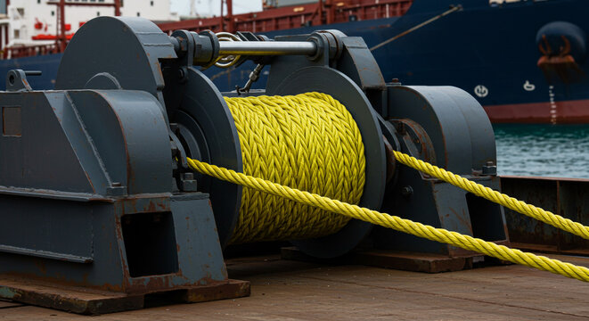 A large gray winch with a bright yellow rope wound around it, with a ship in the background at the dock
