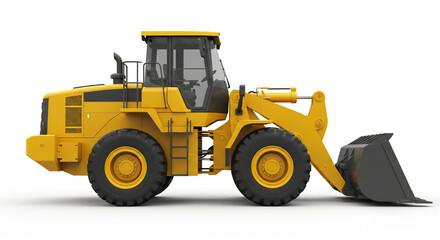 A yellow front end loader with black bucket on a white background in a studio shot side view angle