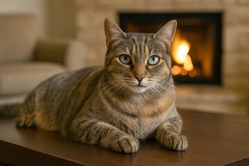  AI-Generated Image of a domestic tabby cat with vivid blue-green eyes lying on top of a wooden coffee table inside a cozy home.