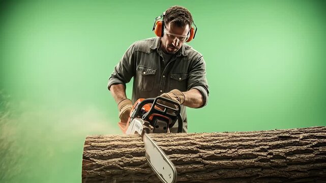 A focused man in work attire using a chainsaw to cut a large log against a green background.