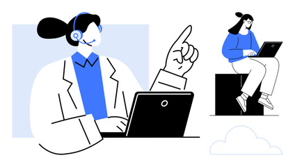 Woman in a headset working on a laptop, confidently pointing upward while another woman types on a portable device. Ideal for technology, education, teamwork, remote work, consulting, customer