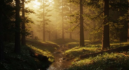 Obraz premium Enchanting Forest Stream at Dawn Nature's Serene Awakening