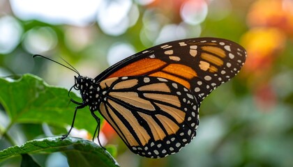 Fototapeta premium Monarch Butterfly Resting on Green Leaf with Soft Bokeh Background.