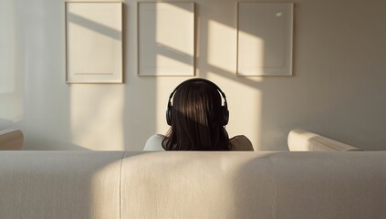 Obraz premium Woman wearing headphones sitting on a beige sofa in a minimalistic room with sunlight and framed wall art