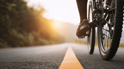 Cyclist riding on a quiet road during sunset in a scenic countryside location