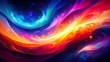 A vibrant, abstract celestial panorama showcasing swirling, colorful clouds and flowing lines against a starry night sky.