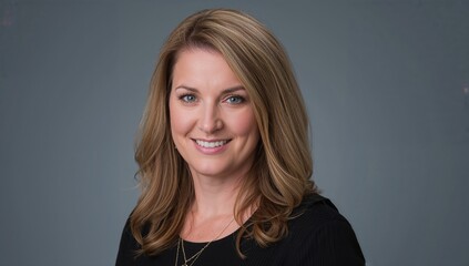 Professional portrait of a smiling woman with blonde hair against a gray background
