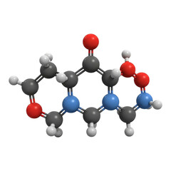 Molecular structure with gray black blue red and white spheres on a black background in close up view created with generative ai