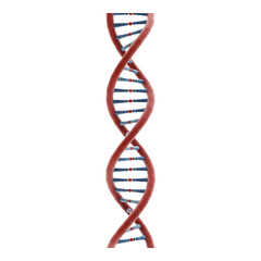 A detailed view of a dna double helix structure with a red backbone and blue horizontal lines on black created with generative ai