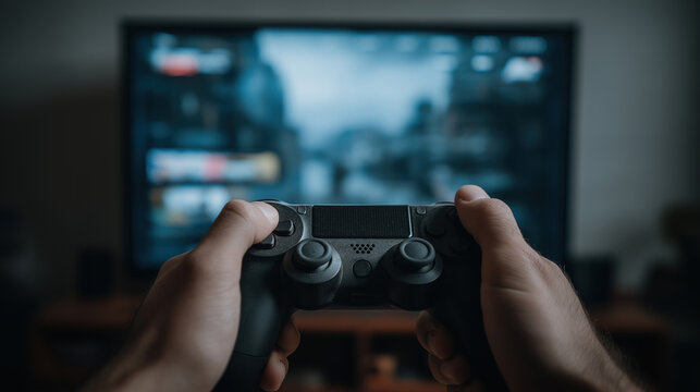 Engaging in a thrilling gaming session at home during the evening hours