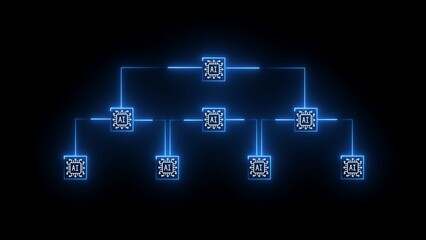 AI network diagram with glowing blue neon lines and microchip icons on a dark background artificial intelligence