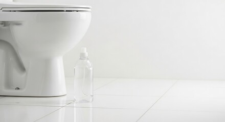 A white toilet right and a transparent spray bottle centered on white tiled floor and a white wall