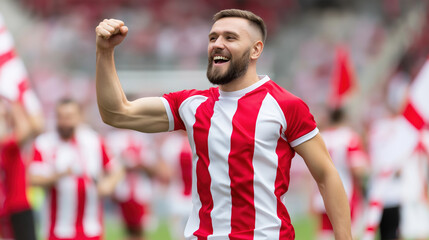 Celebrating victory on the field during a local soccer match in a stadium setting