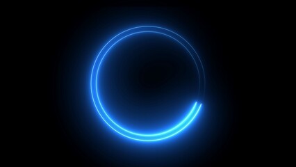Bright Blue Neon Circle Ring on Black Background glowing