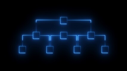 Neon blue glowing organizational chart diagram with interconnected squares on a black background organization chart