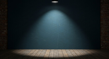 A spotlight illuminates a blue wall with a wooden floor and brick accents on the sides in a dark room