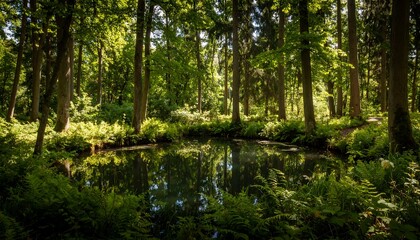 Obraz premium Lush Green Forest with Serene Pond and Sunlit Ferns.