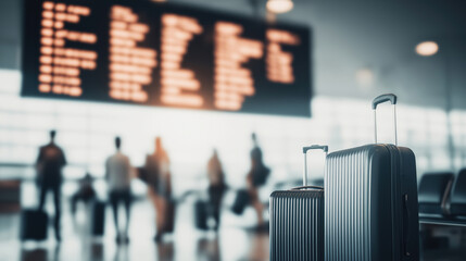 Busy airport terminal with travelers waiting and luggage in focus during the day