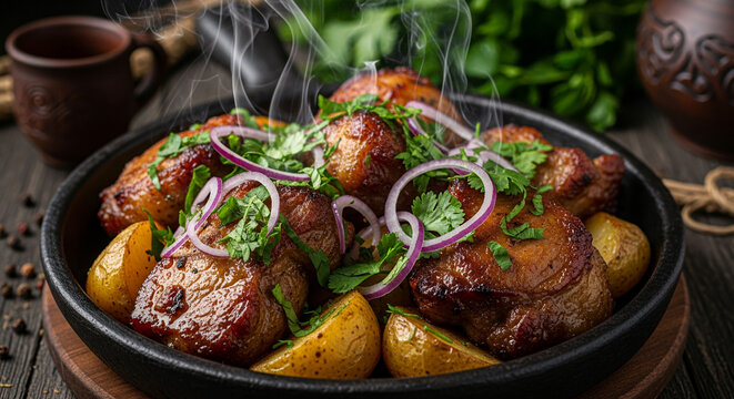 Authentic Ojakhuri Close-Up &ndash; Georgian Pork and Potatoes in Rustic Style