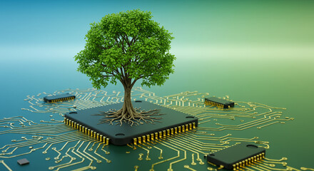 A tree growing from a computer chip on a circuit board with other chips in the background